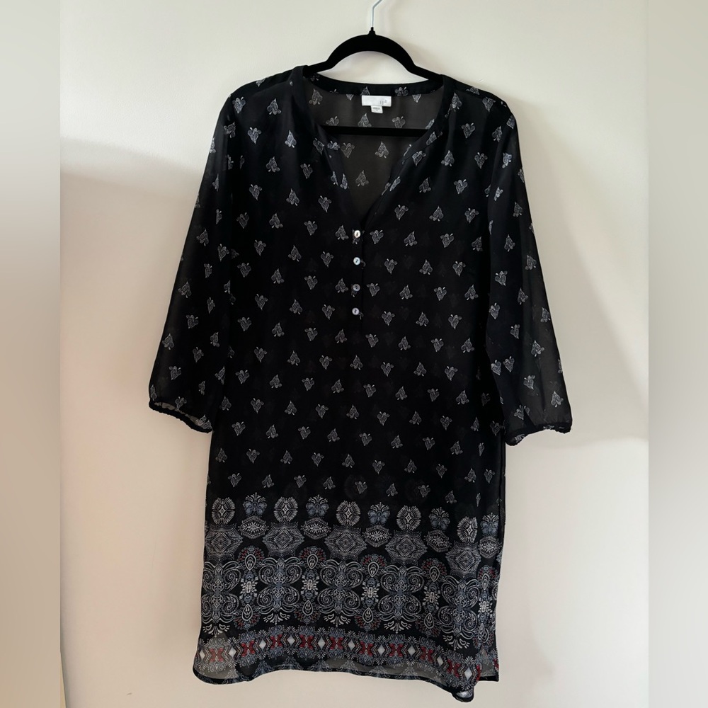 J Jill Medium Black Mixed Print 3/4 Sleeve V-Neck Henley Sheer Cover-Up Dress